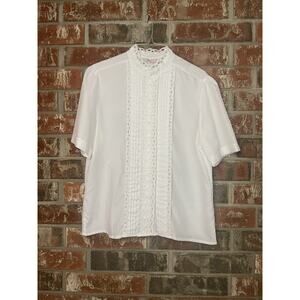 Vintage White Ruffled Mandarin Collared Short Sleeve Shirt Size 14 Poetcore